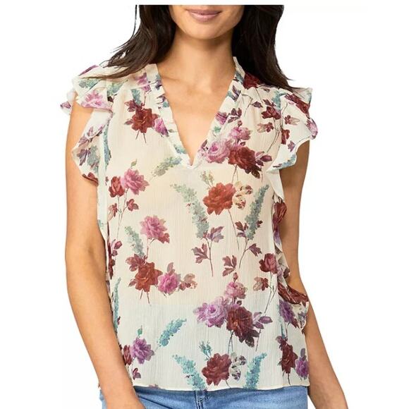 PAIGE Genie Floral Silk Chiffon Ruffle top Size Medium Nude Cream Multi V-neck - Picture 5 of 10